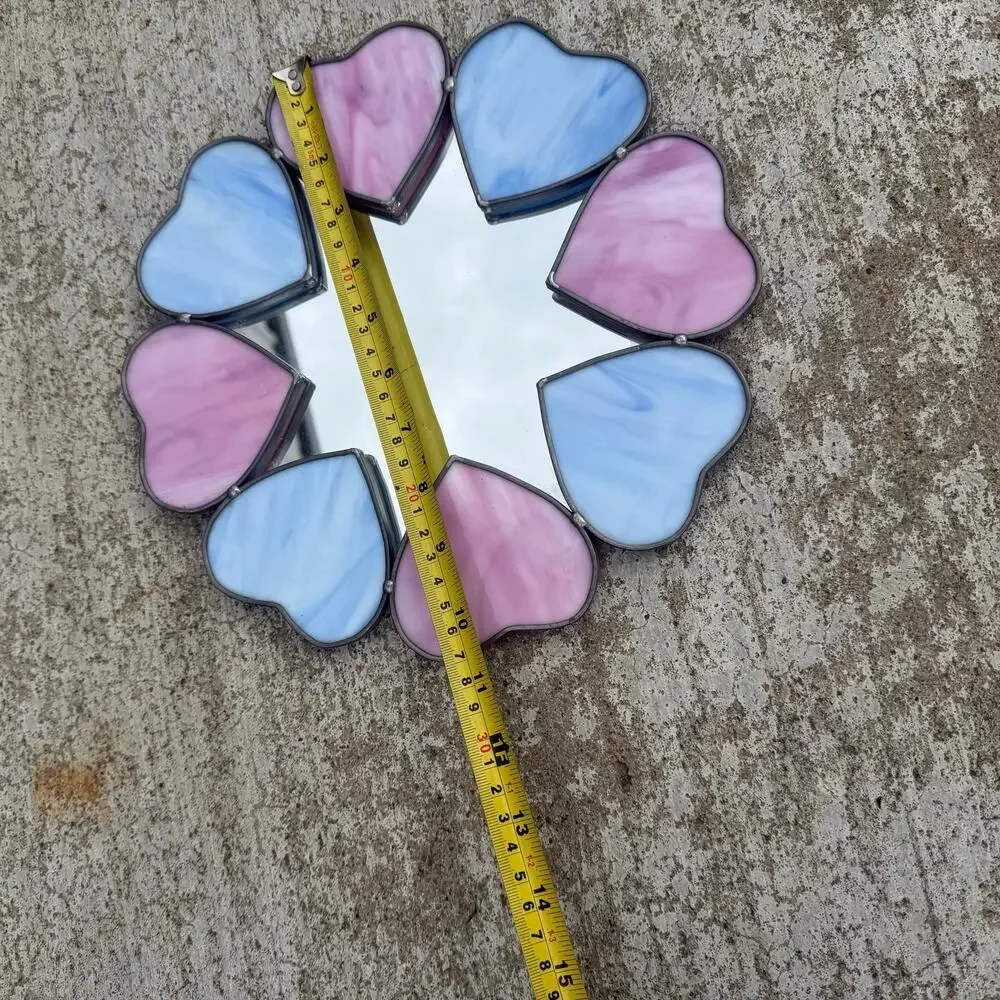 Vintage Blue Pink Stained Glass Heart Mirror Round 10.5” - Small Wall Hanging